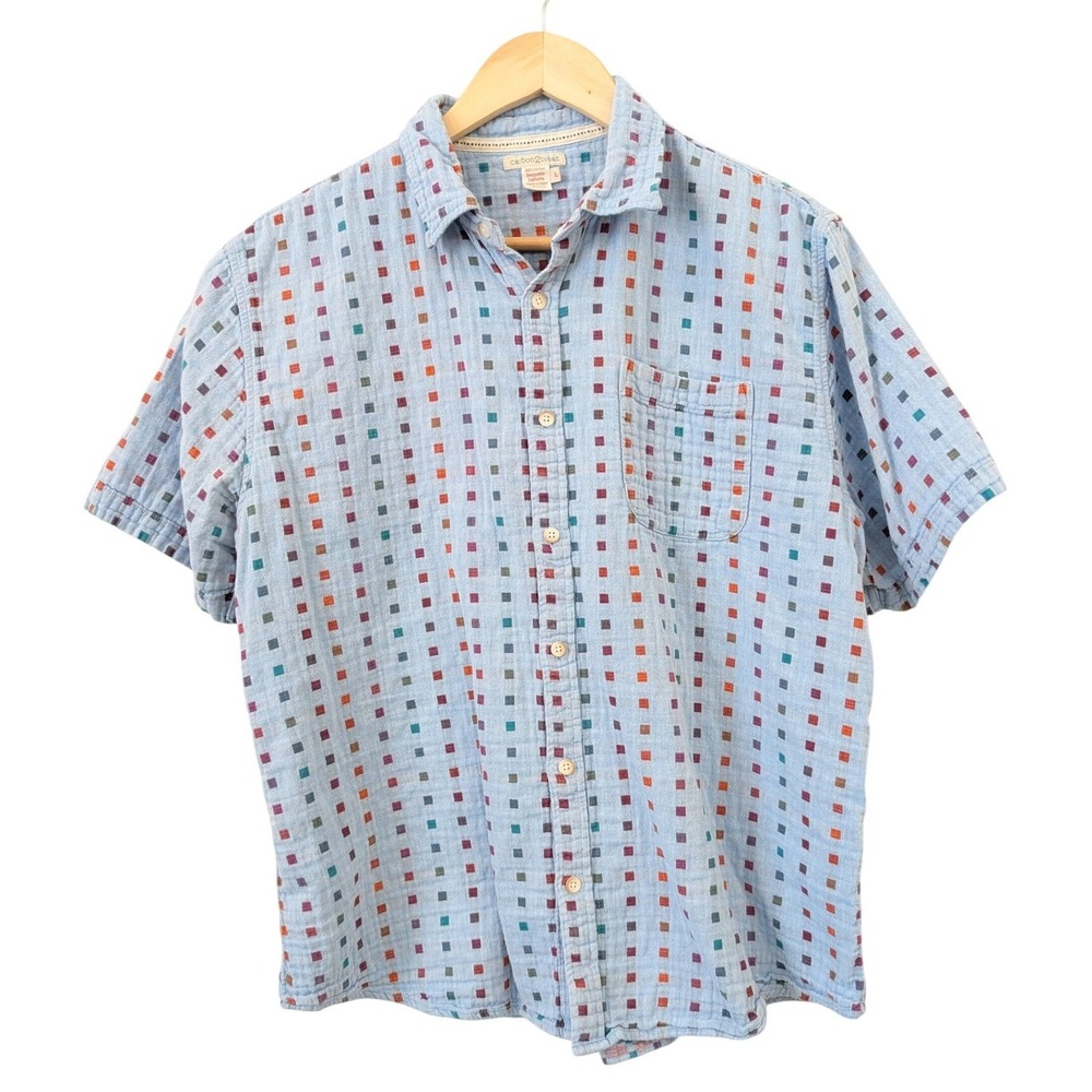 Carbon2Cobalt Mens Large Blue Cotton Gauze Geometric Square Short Sleeve Shirt